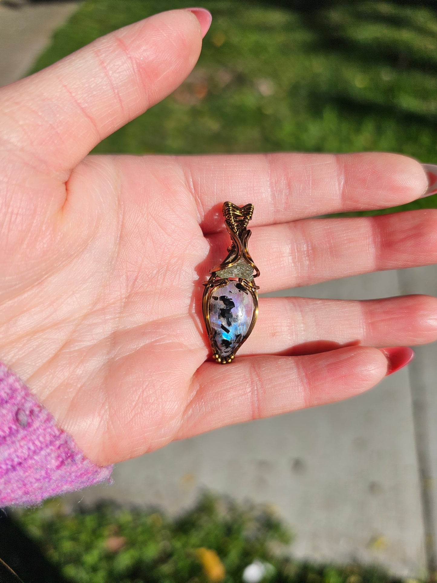 Moldavite and Moonstone with Black Tourmaline