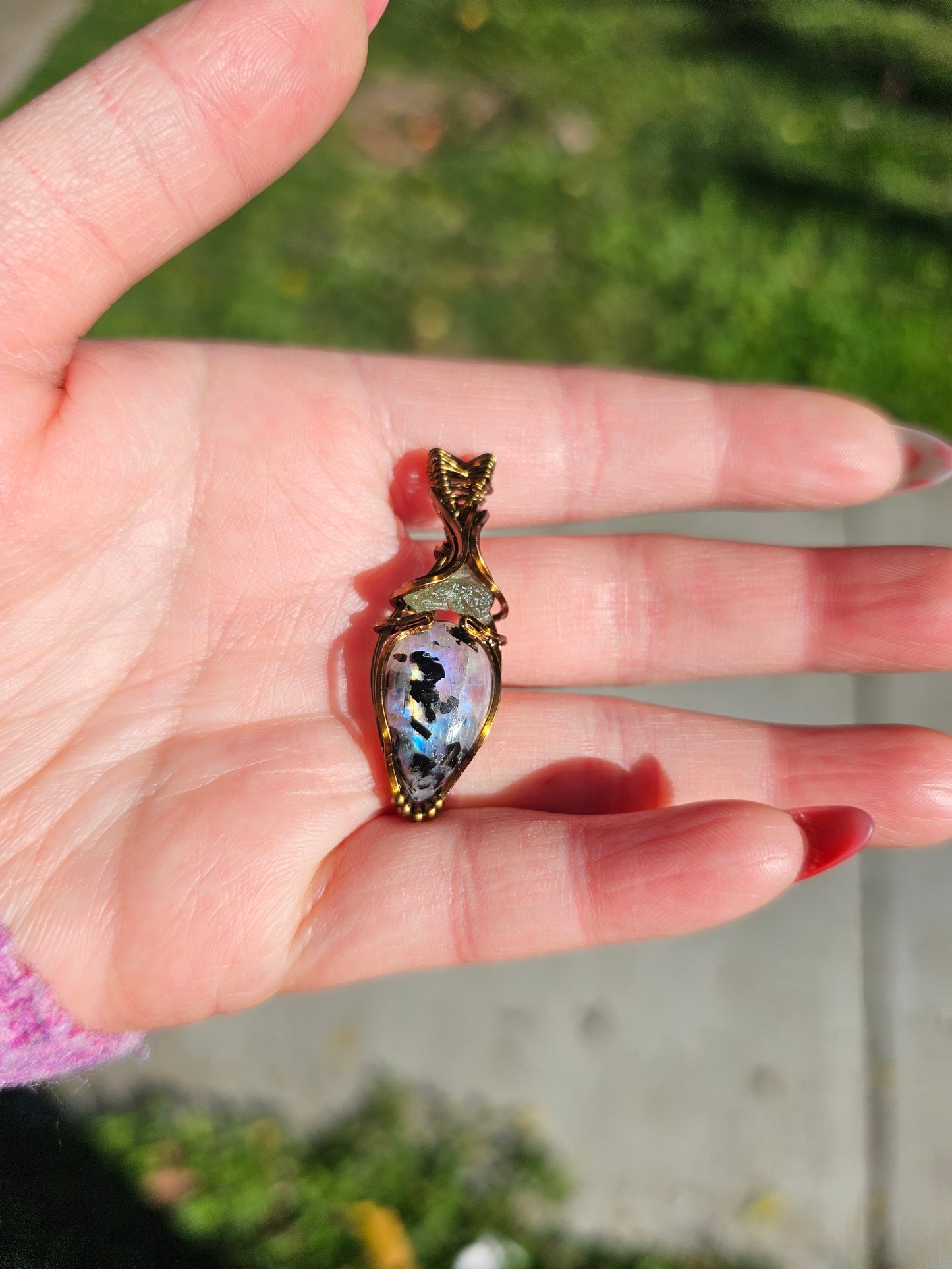 Moldavite and Moonstone with Black Tourmaline