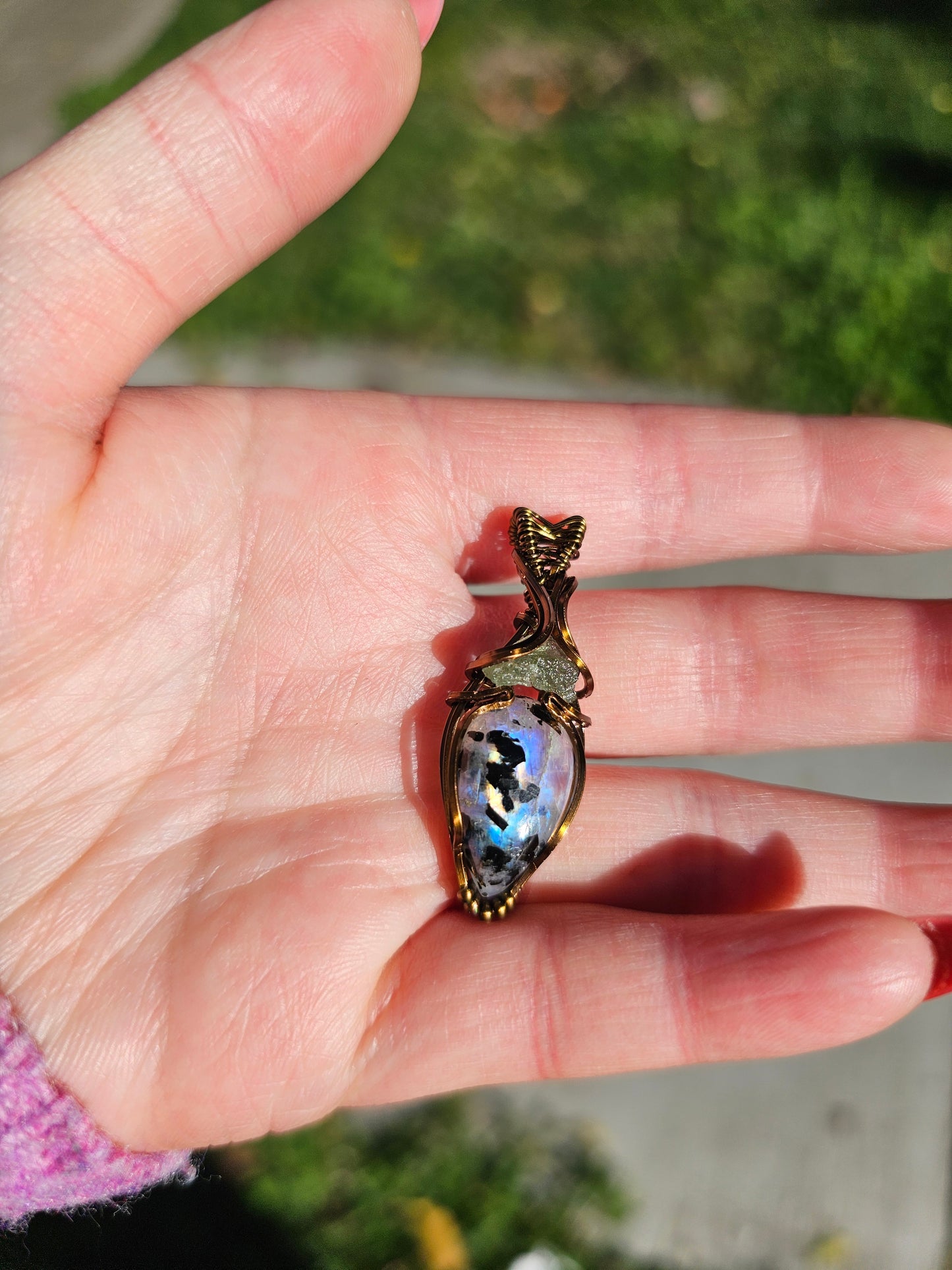 Moldavite and Moonstone with Black Tourmaline