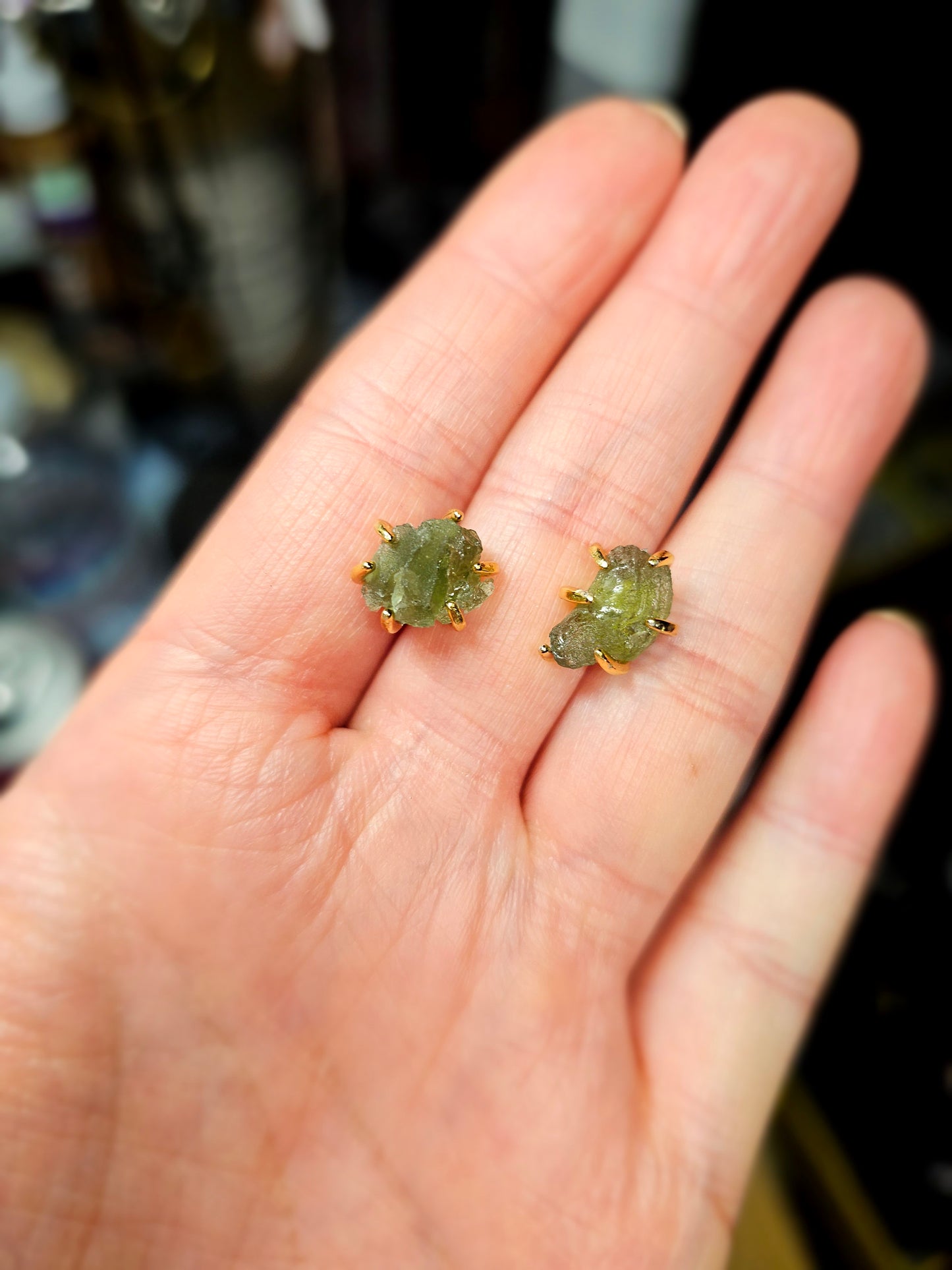 All natural Moldavite studs