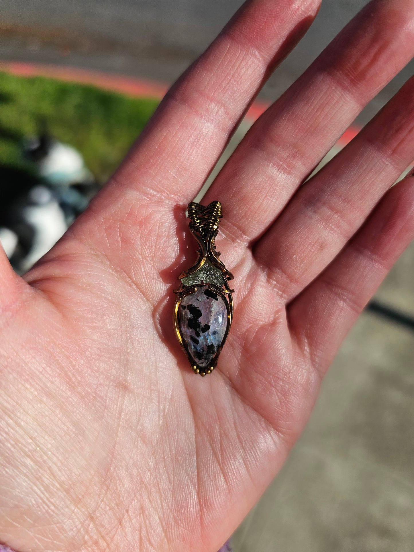 Moldavite and Moonstone with Black Tourmaline