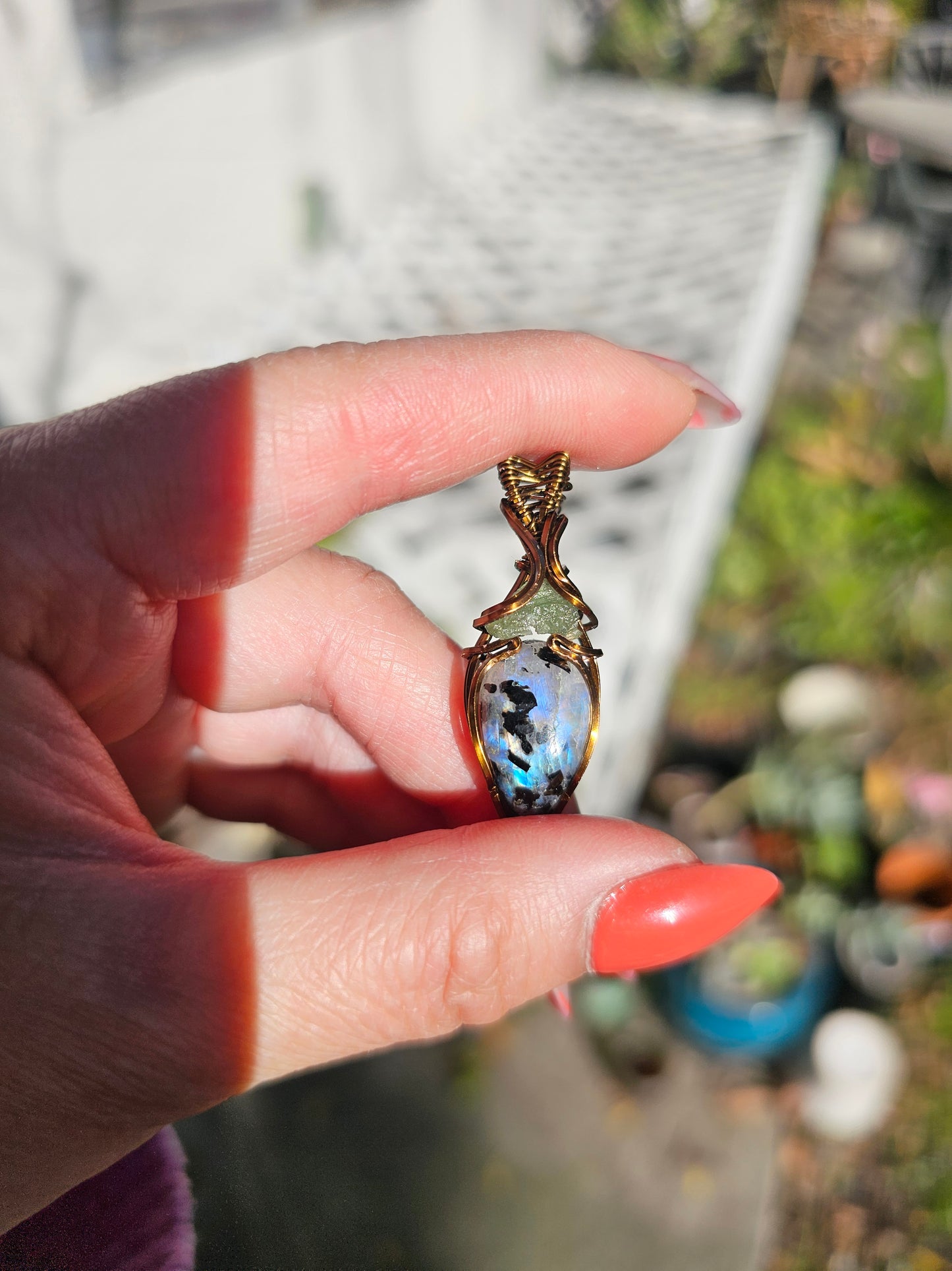 Moldavite and Moonstone with Black Tourmaline