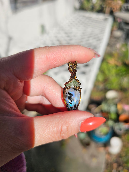 Moldavite and Moonstone with Black Tourmaline
